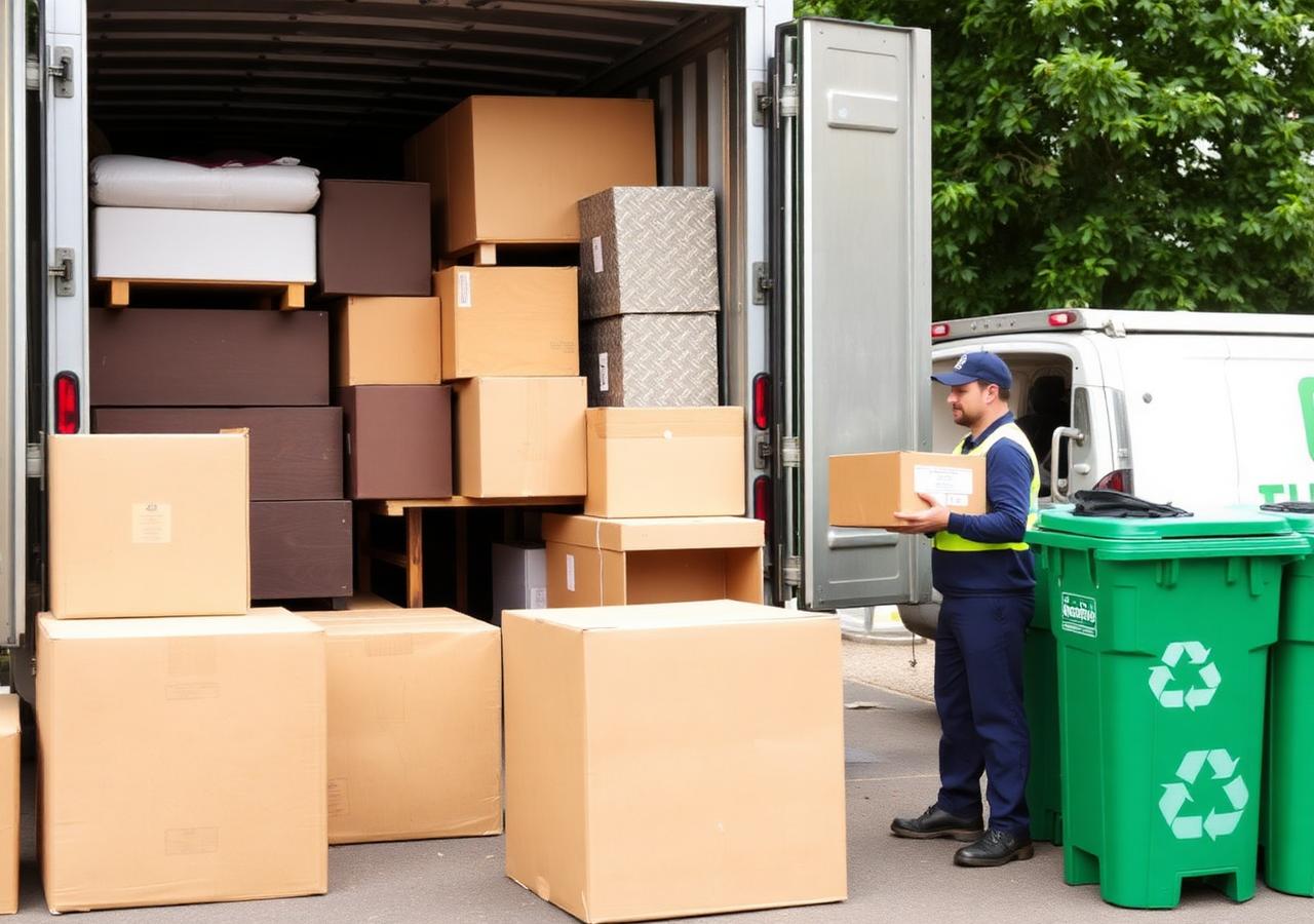 Sorted furniture and boxes being loaded for recycling and donation
